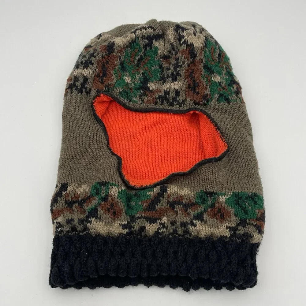 Vintage Knit Ski Mask Camo Face Cover Balaclava Hunting Cold Weather Orange